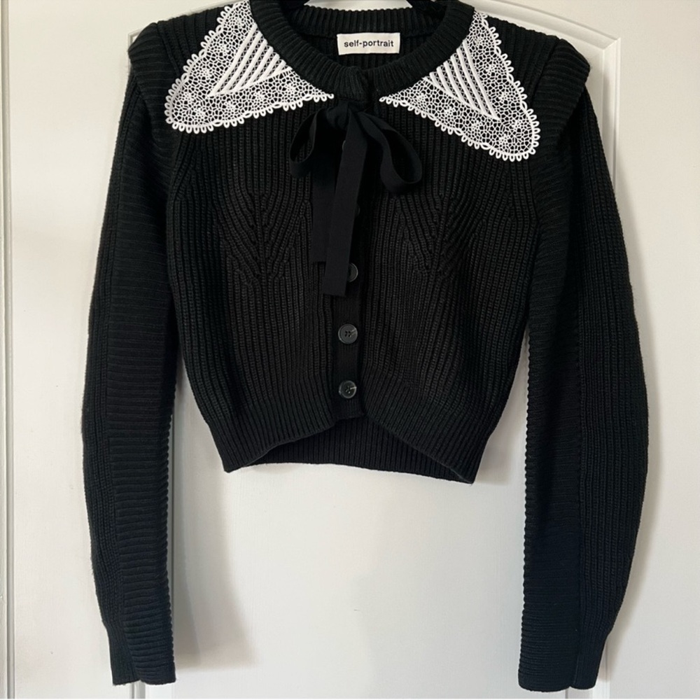 SELF-PORTRAIT - Guipure Lace-collar Ribbed Knit Sweater - S